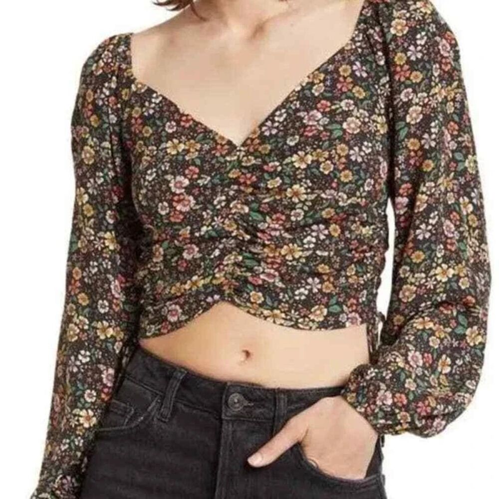 Elodie Cropped Women's Micro Floral Long Sleeve Boho Smocked Ruched  Size M